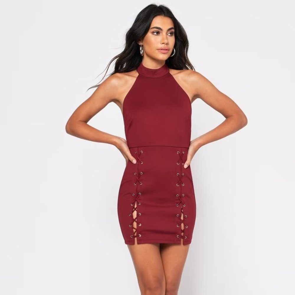 TOBI Meet Me At The Halter Wine Bodycon Dress